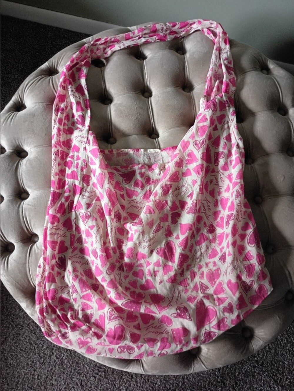 Free People Boho Reusable Shopping Tote, Hearts, Cotton Muslin, Pink/White
